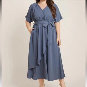 NWT Blue Dolman Sleeve Pocket Belted Dress Maxi Size 22-24